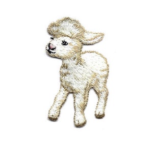 May include: A white embroidered iron-on patch of a cute lamb with a fluffy head and brown eyes.