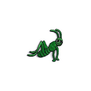 May include: Green embroidered iron-on patch of a cartoon grasshopper with a smiling face.
