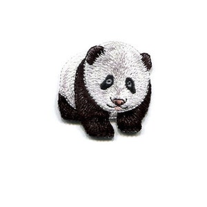 May include: Embroidered iron-on patch of a black and white panda bear cub. The panda is sitting on its haunches with its paws in front of it. It has a cute, innocent expression on its face.