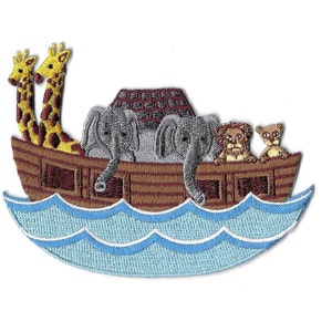 May include: Embroidered patch of Noah's Ark with two giraffes, two elephants, and two lions on a brown wooden ark floating on blue water.
