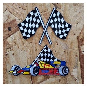 Racing - Race Car - Checkered Crossed Flags - Embroidered Iron On Patches - Racing Theme - EXCELLENT QUALITY - Set Of 2