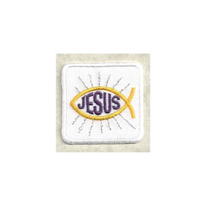 May include: White embroidered patch with a yellow fish symbol and the word "JESUS" in purple inside the fish.