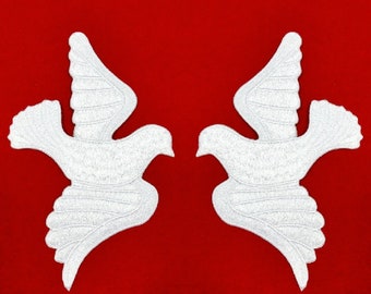 Dove - Holy Spirit - Stoles - White Rayon - Embroidered Iron On Patch - PAIR