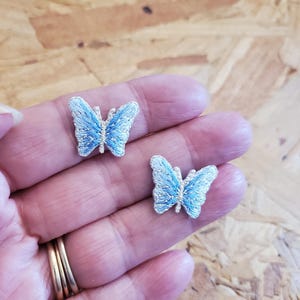 Butterfly - Insect - Blue/Metallic Silver - Crafts - Embroidered Iron On Patch - Set Of 2 Minis