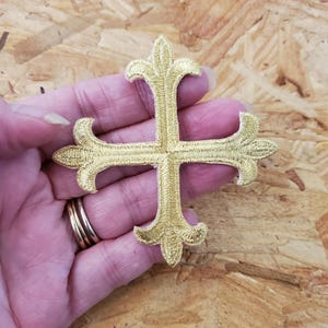 Cross - Greek Cross Fleur - Vestments - Stoles - Altar -Banners - Christian - Embroidered Gold Metallic Iron On Patch - 3"