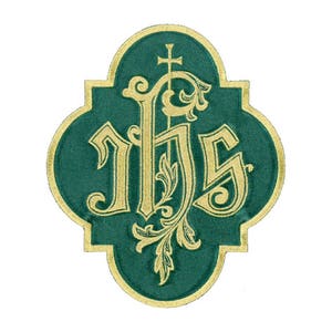 IHS - Iota-Eta-Sigma Christogram W/ Latin Cross - Vestment - Embroidered Iron On Applique Patch - Green