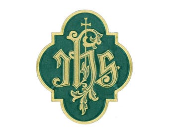 IHS - Iota-Eta-Sigma Christogram W/ Latin Cross - Vestment - Embroidered Iron On Applique Patch - Green