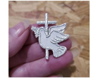 Dove W/Cross - Holy Spirit - Silver/White - Face Masks - First Communion - Baptism - Confirmation - Embroidered Iron On Applique Patch