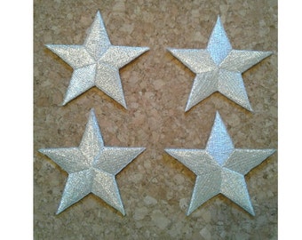 Stars - Star - Silver - Embroidered Silver Metallic Stars Iron On Patches - Crafts, Costumes, School, Awards - Set Of 4 -  2 3/8"