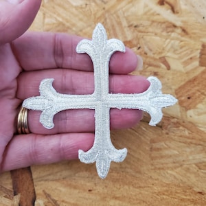 Cross - Greek Cross Fleur - Vestments - Stoles - Altar -Banners - Christian - Embroidered Silver Metallic Iron On Patch - 3" - Crafts