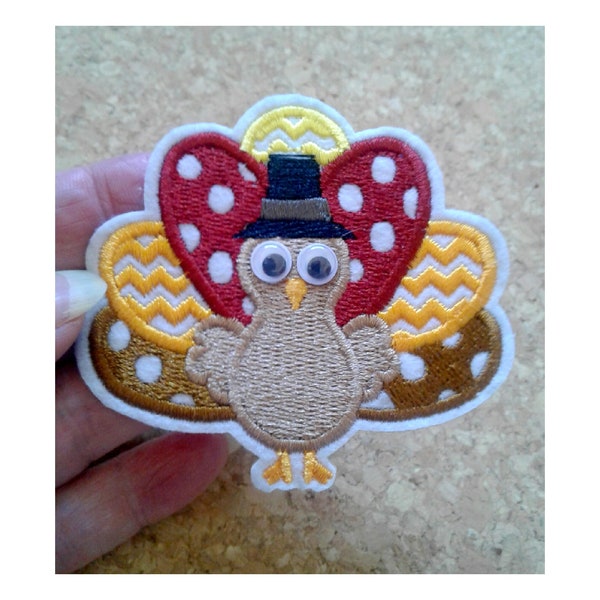 Thanksgiving Turkey W/Googly Eyes Pin Brooch - Fall - Autumn - Pilgrim - Embroidered - Seasonal Jewlery
