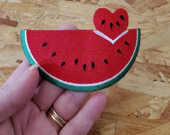 Watermelon - Fruit - Picnic - Slice W/Heart - Embroidered Iron On Patch  - Summer Crafts