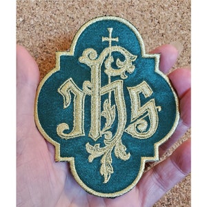 IHS - Iota-Eta-Sigma Christogram W/ Latin Cross - Vestment - Embroidered Iron On Applique Patch - Green/Gold - 4&quot; High