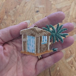 Tiki Beach Hut W/Palm Trees Tropical - Island - Embroidered Iron On Applique Patch - Crafts
