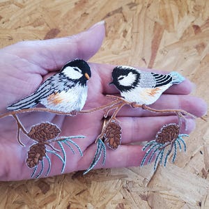 Chickadee - Black Capped Chickadees On A Branch - Pinecone - Bird - Spring - Iron On Applique Patch - Crafts