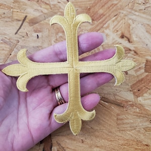 Cross - Greek Cross Fleur - Christian - Altar - Stoles - Vestments - Embroidered Gold Rayon Iron On Patch - 5&quot;