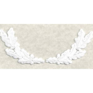 May include: White embroidered lace trim with a leaf design. The trim is perfect for adding a touch of elegance to any project.