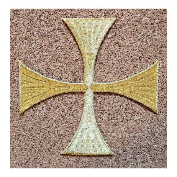 Gold Metallic Cross - Greek Cross Pattée - Christian - Altar - Vestments - Stoles -  Embroidered Iron On Patch - 4 7/8"
