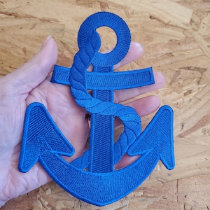 Anchor - Royal Blue W/Rope - Nautical Embroidered Iron On Patch - 5 7/8&quot;H