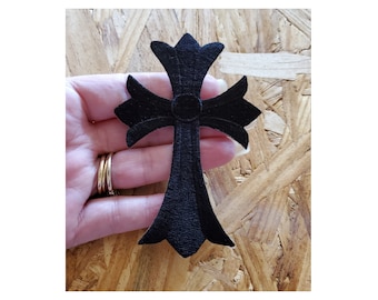 Cross - Fleur De Lis - Heart - Black - Fully Embroidered Iron On Badge Patch - Denim Crafts - Chrome
