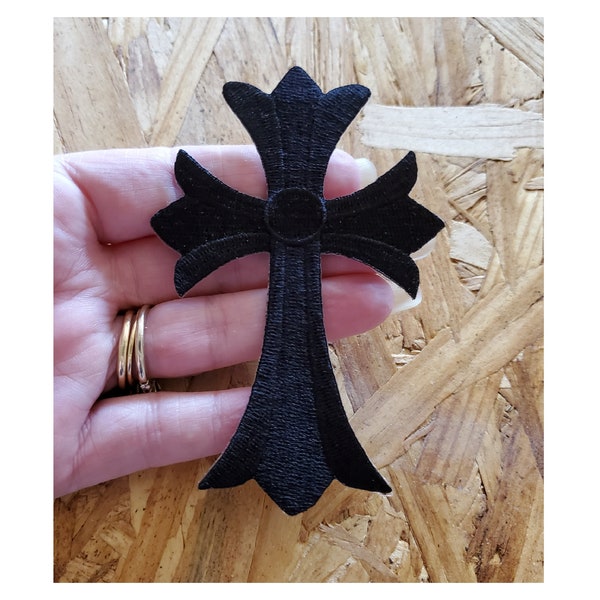 Cross - Fleur De Lis - Heart - Black - Fully Embroidered Iron On Badge Patch - Denim Crafts - Chrome