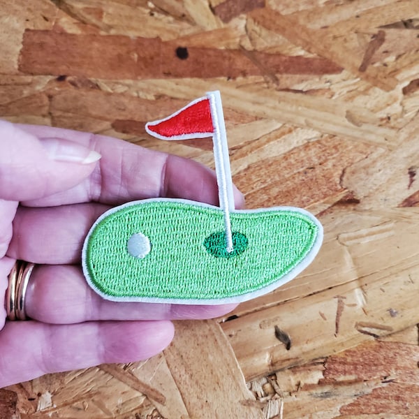 Golf - Golf Green W/ Flag - Embroidered Iron On Patch - Sports - Crafts - Shirt Logo