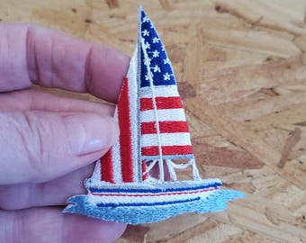 Sailboat - Sailing - Boating - Patriotic - July 4th - Embroidered Iron On Applique Patch - Crafts