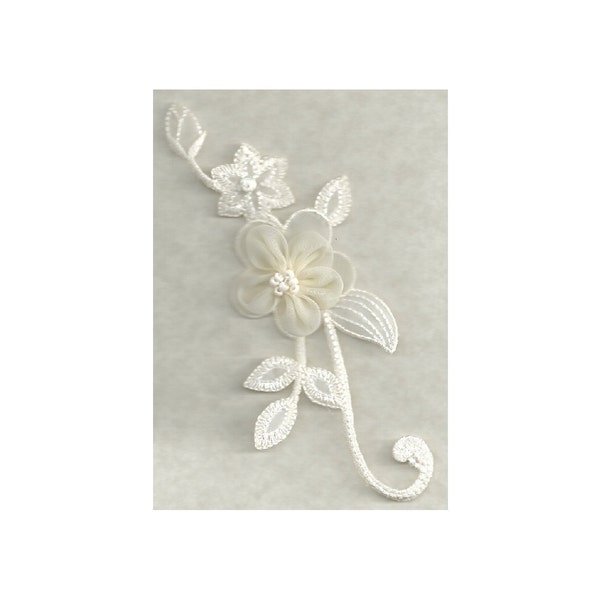 Flower Strip - Cream W/Beads - Embroidered Details - Iron On Applique Patch - Bridal Crafts