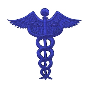 May include: A blue embroidered medical symbol with a snake wrapped around a staff and wings.