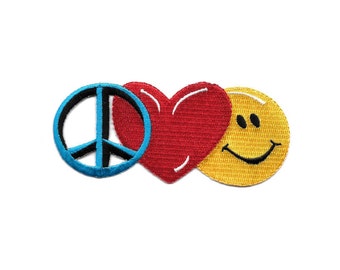 Peace, Love & Happiness - Retro Design - Embroidered Iron On Applique Patch