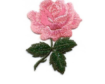 Rose - Flower - Garden - Single Pink Rose - Love - Embroidered Iron On Applique Patch