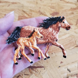 May include: Embroidered patch featuring a brown horse and a foal, both with black manes and tails. The horse and foal are running, with detailed stitching creating a textured appearance. The patch is held in a hand.