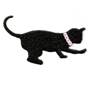 Cat - Kitten - Pet - Black Silhouette - Pink Collar - Embroidered Iron On Applique Patch - R