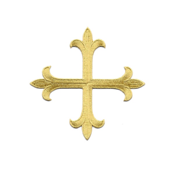 Cross - Greek Cross Fleur - Christian - Altar - Stoles - Vestments - Embroidered Gold Rayon Iron On Patch - 5"