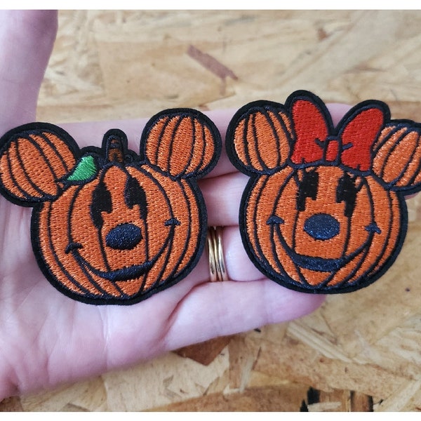 Mickey Minnie Mouse - Halloween - Pumpkin - Embroidered Iron On Applique Patch - Crafts - 2PC