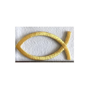 May include: A gold embroidered iron-on patch in the shape of a Christian fish symbol.