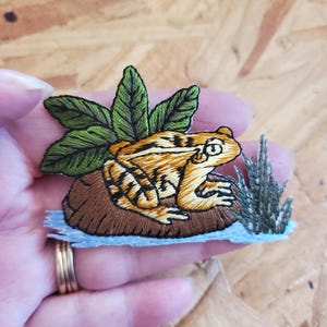 May include: Embroidered patch featuring a detailed frog with brown and yellow stripes, resting on a brown rock with green leaves and grass. The patch has a blue water-like border, perfect for adding to clothing or accessories.