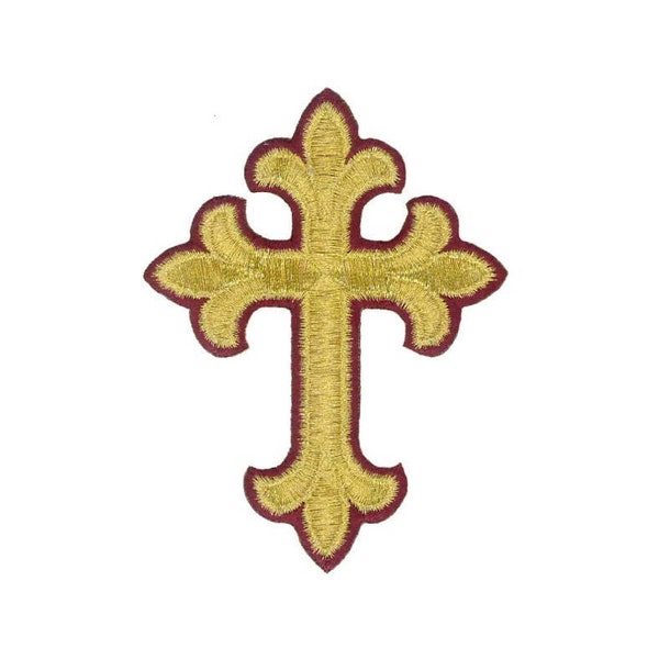 Fleur Cross - Vestment-Embroidered Gold Metallic W/Burgundy Edge Iron On Patch - 4"H