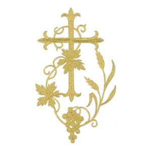 12&quot;H Fleur Cross W/Grapevine - Vestment - Banners - Church Supplies - Embroidered Gold Metallic Iron On Applique Patch