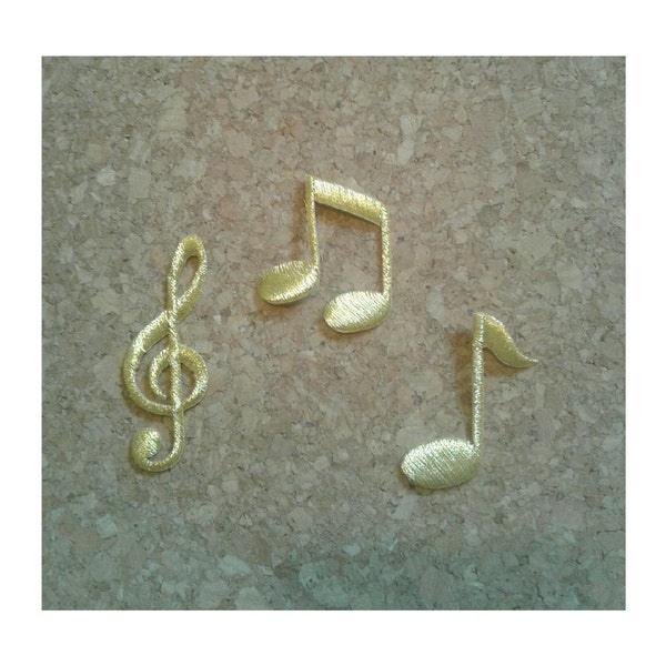 Music - Musical Notes - Band - DJ - School - Crafts - Gold Embroidered Iron On Patch - Set Of 3