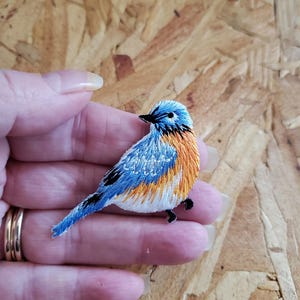 May include: Embroidered bluebird patch with detailed stitching. The bird features a blue head and back, orange chest, and black accents. The patch is held in a hand, showcasing the intricate craftsmanship and vibrant colors.