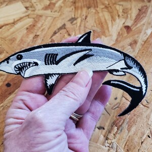 Shark - Fishing - Ocean - 5 INCH Fully Embroidered Iron On Patch - Left