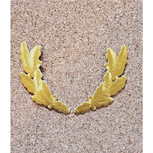 May include: A gold embroidered laurel wreath, a symbol of victory and achievement, is shown against a textured background.