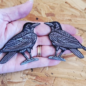 Raven - Crow - Bird - Corvus - Embroidered Black/Gray Iron On Patch - Set Of 2