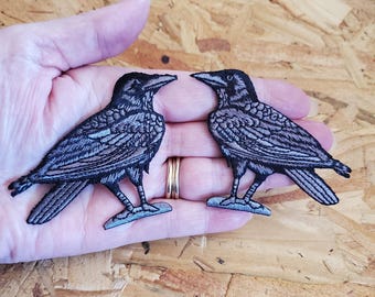 Raven - Crow - Bird - Corvus - Embroidered Black/Gray Iron On Patch - Set Of 2