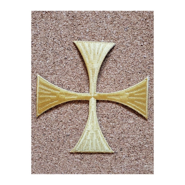 Cross - Greek Cross Pattée - Christian - Altar - Vestments - Banners - Christian - Embroidered Gold Rayon Iron On Patch - 4 7/8"