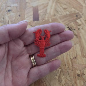 May include: A small, embroidered patch in the shape of a red lobster. The patch is highly detailed, with visible claws, antennae, and segmented body. The lobster is a vibrant shade of red, and the patch is likely made of fabric.