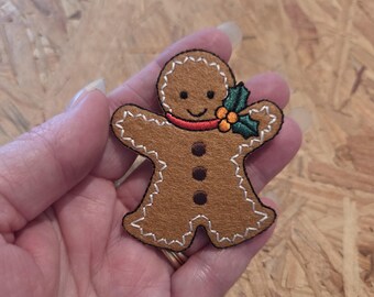 Gingerbread Man - Holly  - Christmas - Winter - Embroidered Iron On Applique Patch - 2 1/2"H