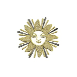 May include: A gold and silver embroidered sun with a smiling face. The sun has a yellow center and silver rays.