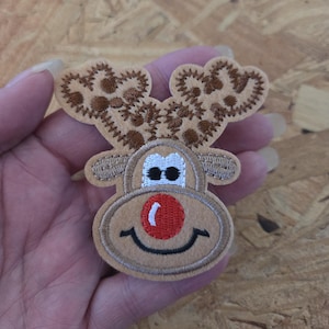Christmas - Reindeer - Red Nose - Winter - Embroidered Iron On Applique Patch - Crafts